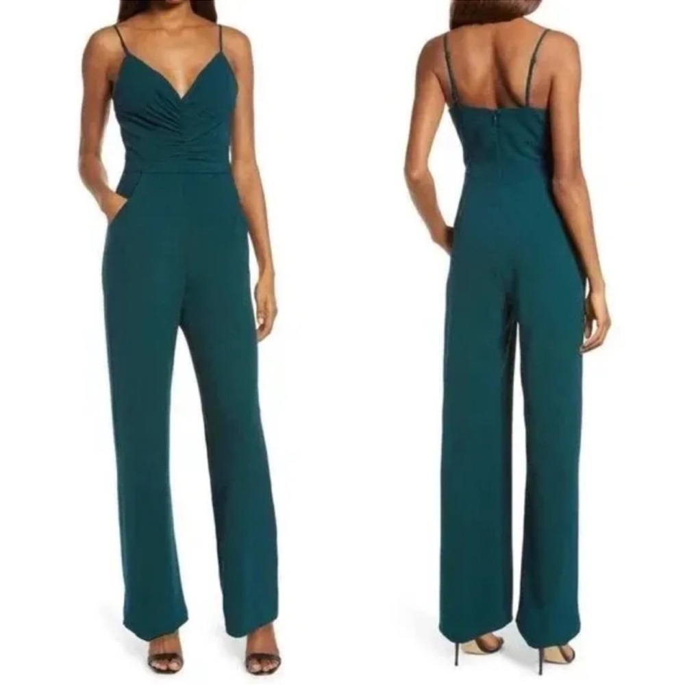 NWT Dress the Population Emmet Gathered Crepe Wide Leg Jumpsuit, Pine Size M